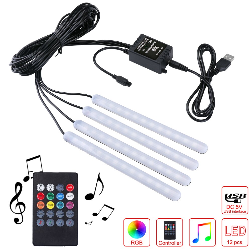 Usb-ljus bil interiör ljus led strip ljus flerfärgad musik sensor justerbar bil fotvägg ljus med telefon app styrning: 5v
