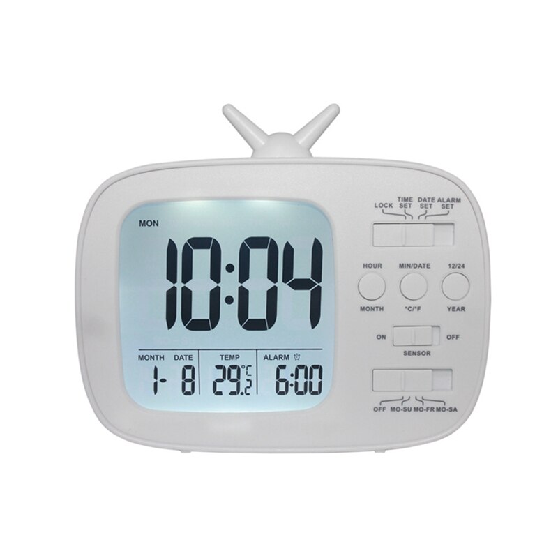 LED Digital Alarm Clock With Night Light Thermometer Calendar Alarm Clock Desk Display Smart Light-sensitive TV Shape Clocks: C