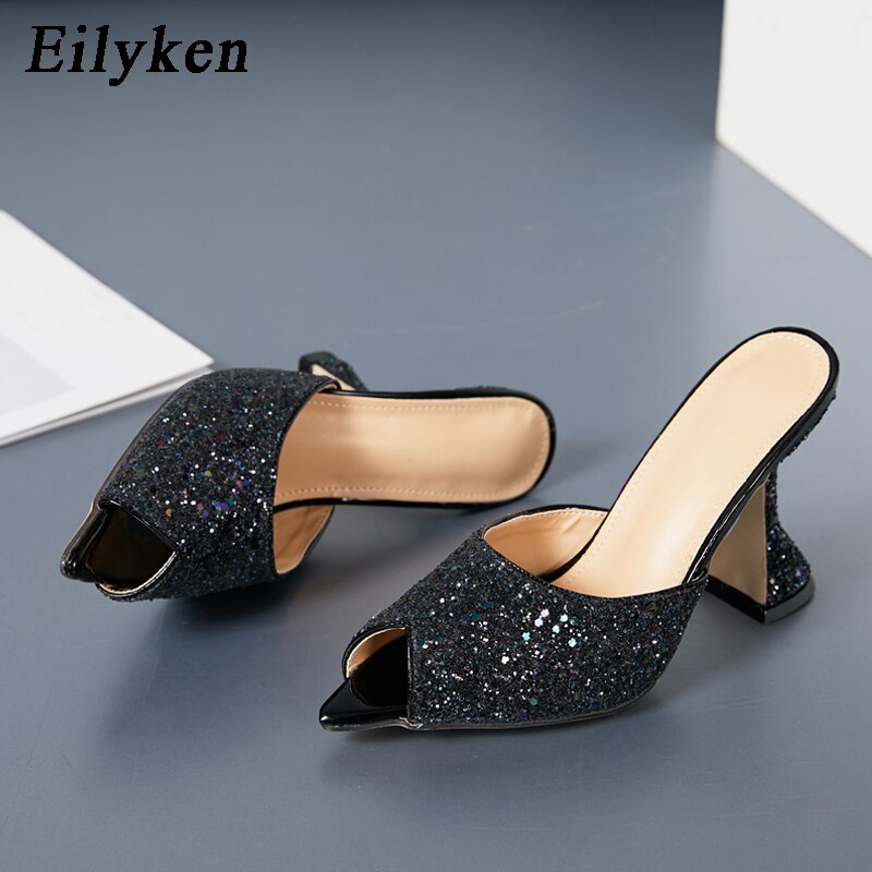 Eilyken sommer tøfler med pailletter sexede kvindelige spidse tå slip on muldyr udendørs bling kop hæl sandaler