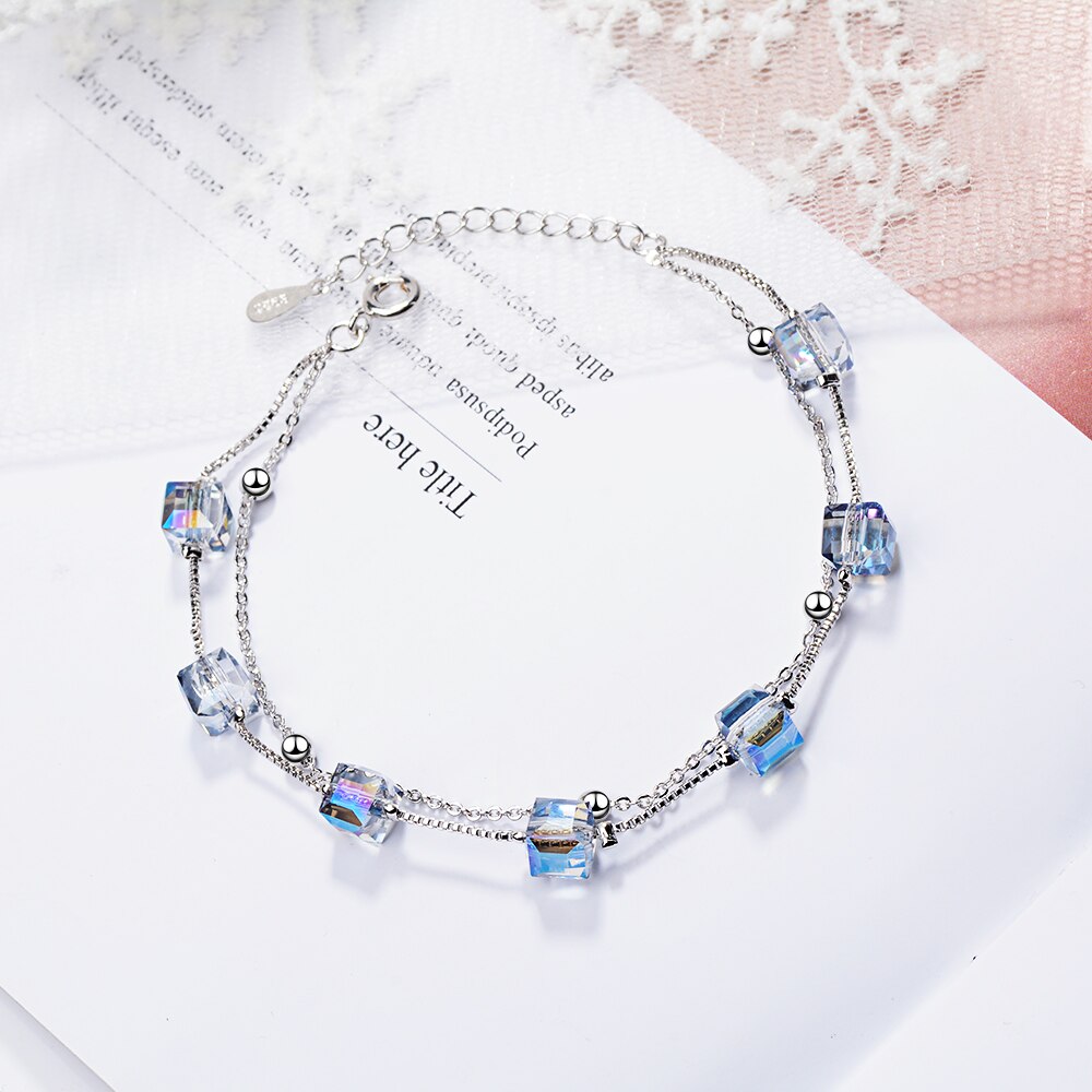 Anenjery Simple Double couche carré bonbons Bracelet en cristal synthétique pour les femmes couleur argent main bijoux S-B222