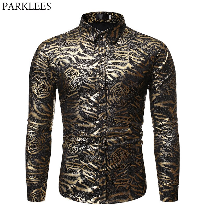 Luxe or tigre bronzant robe Chemise hommes à manches longues boîte de nuit parti brillant Chemise décontracté Chemise boutonnée