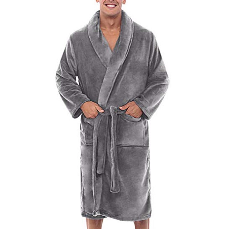 Mens Winter Warm Pluche Verlengd Sjaal Badjas Thuis Douche Kleren Lang Gewaad Jas EIG88: grey / M
