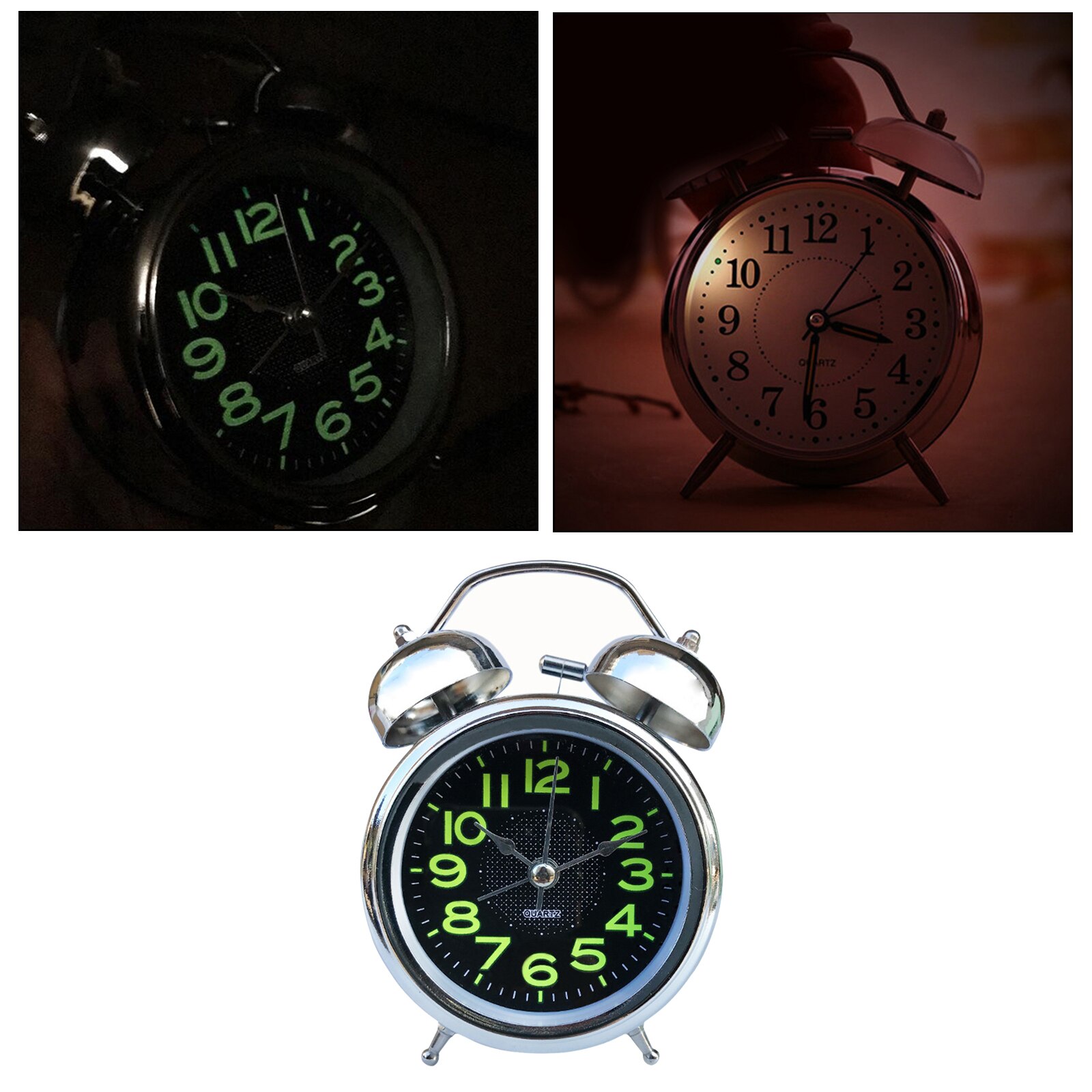 3inch Classic Analog Twin Bell Alarm Clock with Night Light, Large Number,