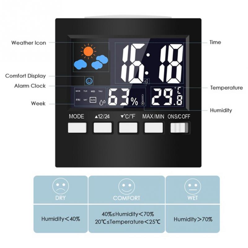 Digital Weather Forecast Station Alarm Clock Kids LCD Screen Temperature Humidity Backlight Monitor Snooze Function Alarm Clocks