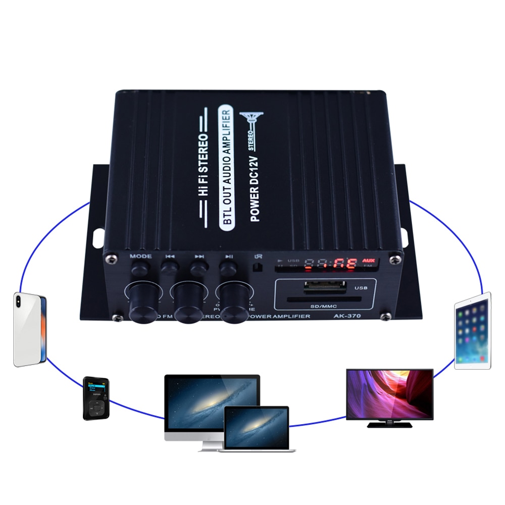 AK370 Mini Audio Power Amplifier BT Digital Audio Receiver AMP USB Memory Card Slot MP3 Player FM Radio With Remote Contro