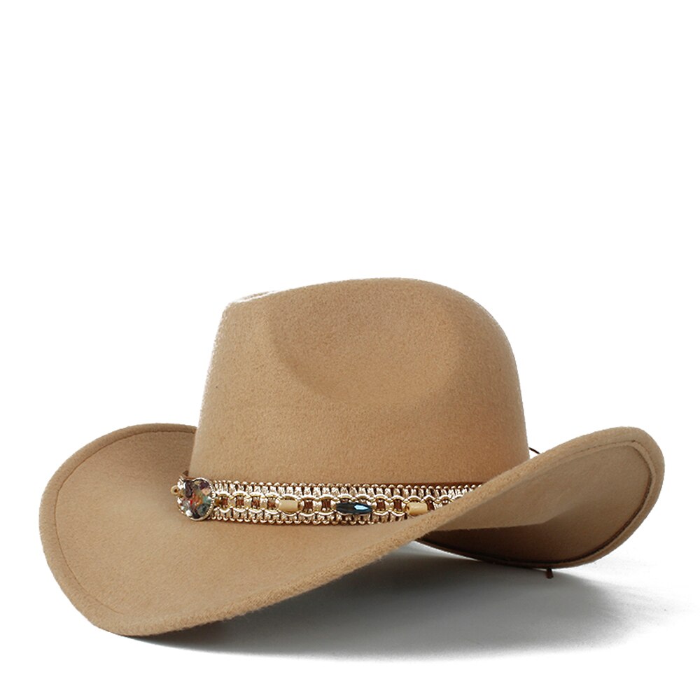 Sombrero de lana ahuecado para hombres y mujeres, Sombrero de cowboy del Oeste, ala enrollable para mujer, Sombrero negro para Hombre, gorra de Jazz, talla 56-58: Khaki