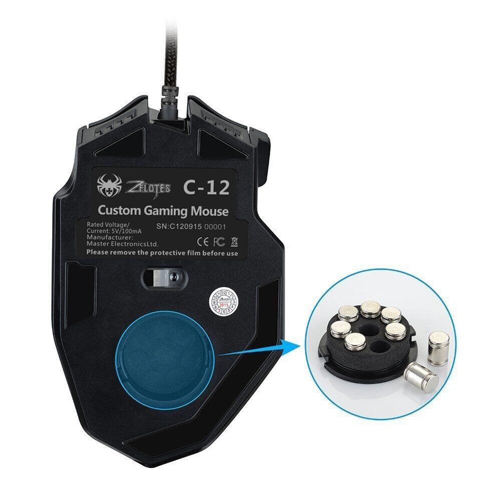 ZELOTES-ratón óptico C-12 para videojuegos, Mouse con cable USB, 4 engranajes, 4000DPI, ajustable, con retroiluminación colorida, 12 Botones programables