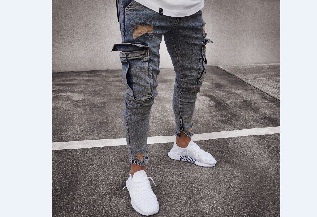 Heren jeans casual broek gerafelde slim fit lange denim broek gaten jeans: S