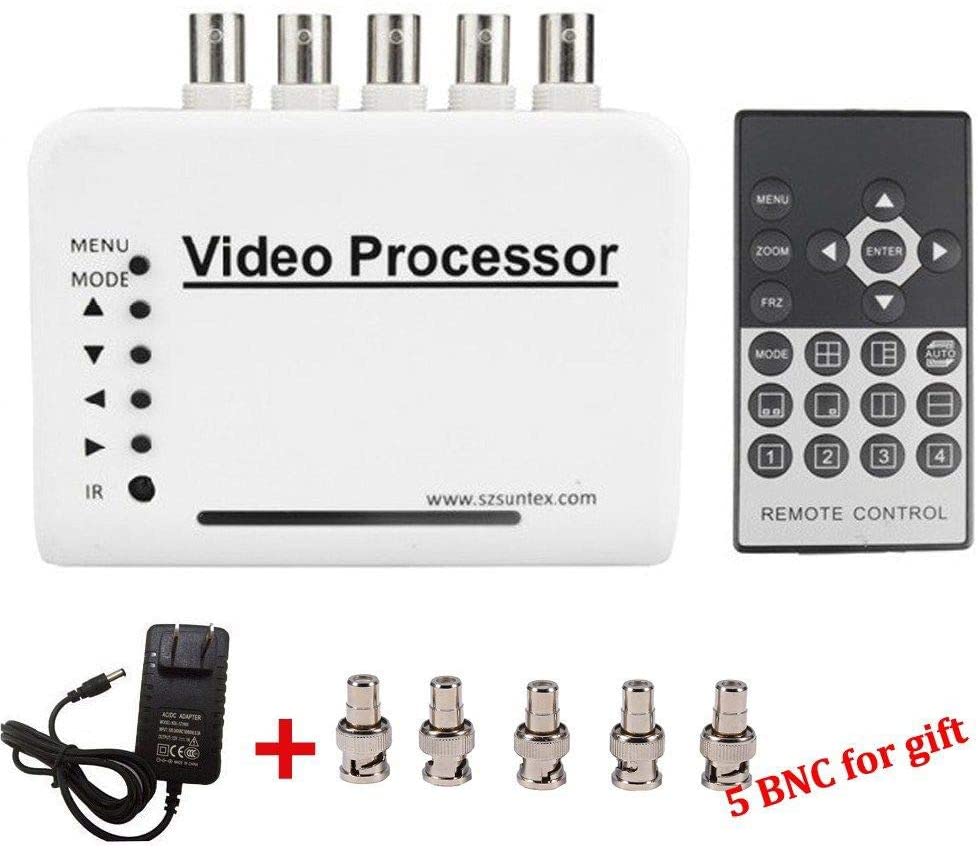 Podofo 4 Channel CCTV Color Video Quad Splitter Switcher Camera Processor System Kit with Remote Control 5 BNC Adapter