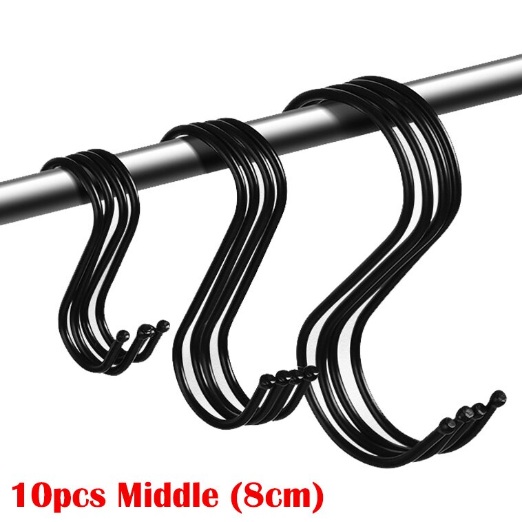 10pcs Stainless Steel S-Shape Hooks Kitchen Bedroom Black Silver Railing S Hanger Hook Clasp Holder Hooks Hanging Storage Tools: 10pcs Black (M)