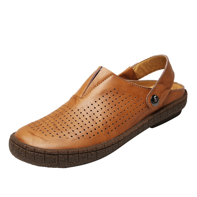 Mænd udendørs casual sandaler håndlavede herre sko sommer strand lejligheder mandlige læder sandal top skridsikre hjemmesko: Gulbrun / 42