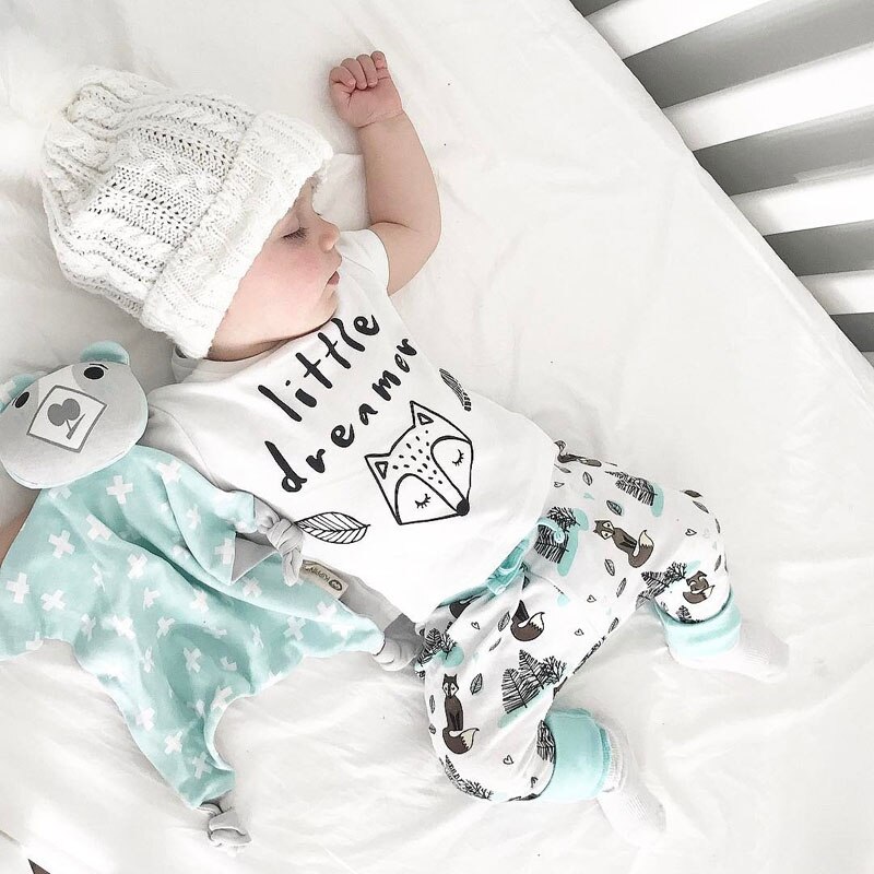 Pudcoco 0-2y sommar nyfödd bebis pojke flicka kläder set liten drömmare räv t-shirt toppar+byxor kläder kläder baby kläder set
