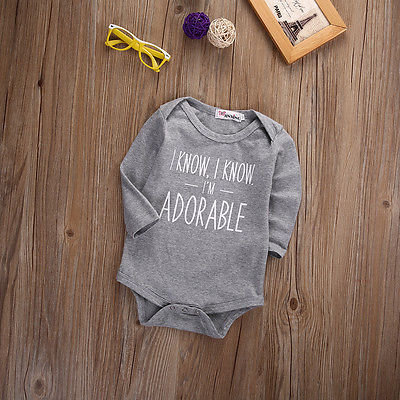 Autumn Infant Newborn Baby Girl Boy Letters Romper Cotton Gray Jumpsuit Long Sleeve Outfit Clothes