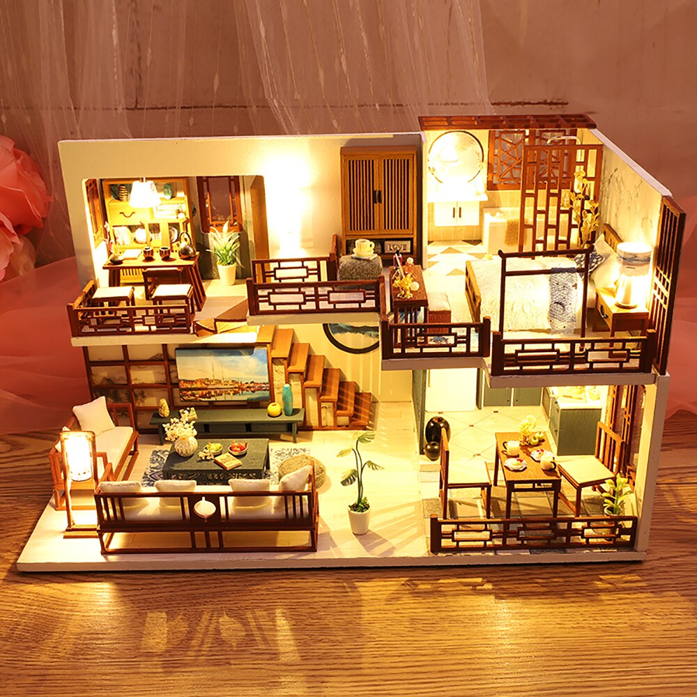 Cutebee DIY domek dla lalek zestaw chiński styl drewniany dom miniaturowe mebelki do domku dla lalek z zabawki z lampkami LED dla dzieci prezent na boże narodzenie