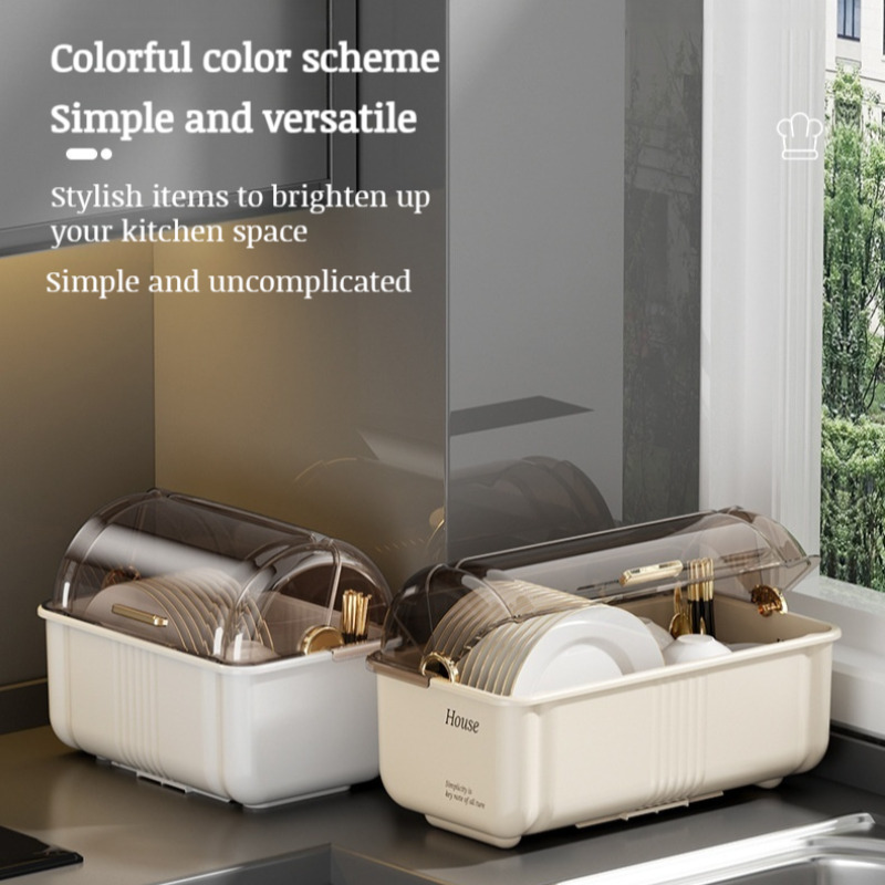 Household Storage Box Kitchen Dish Organizer Drainable Dish Organizer Flatware Storage Box with Lid