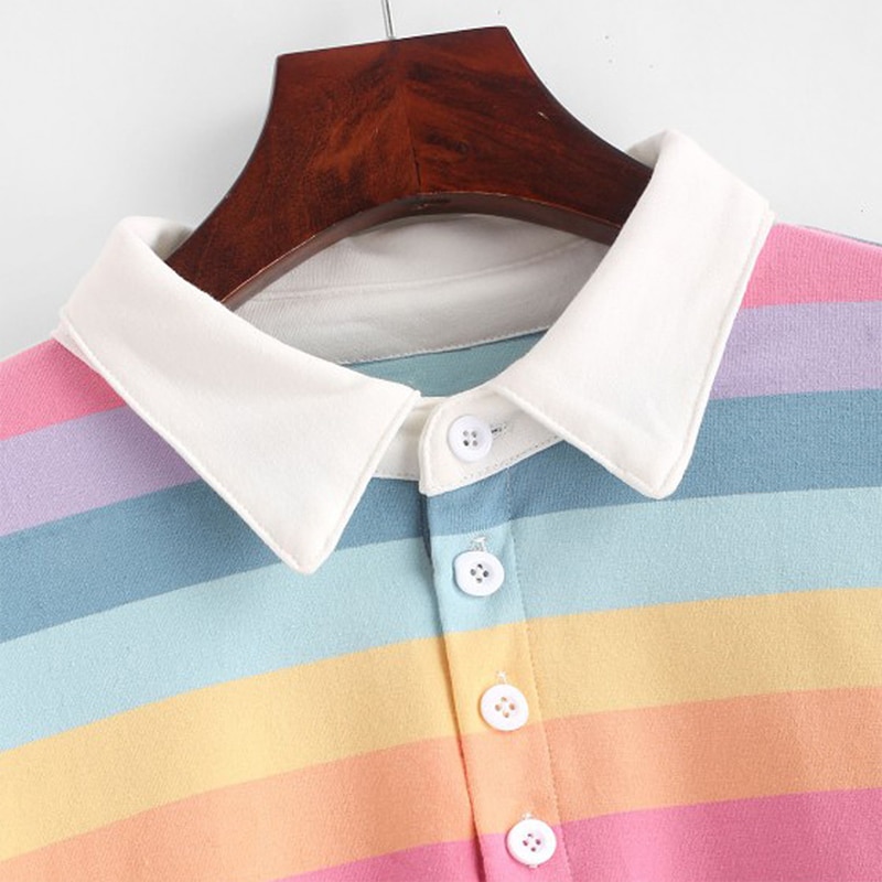 Qrwr polo shirt dame sweatshirt langærmet regnbue farve dame hættetrøjer med knap stribet sweatshirt i koreansk stil kvinder