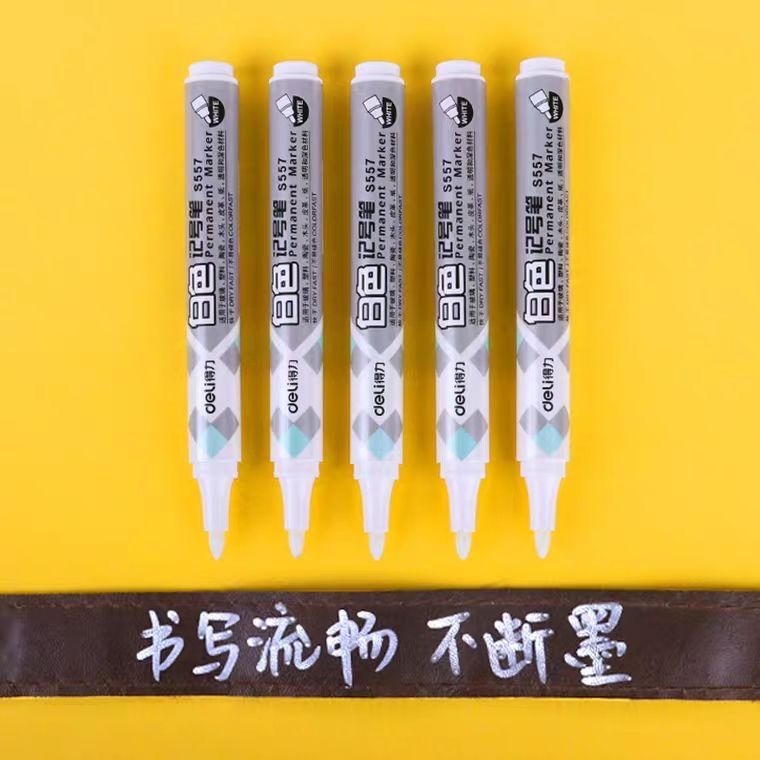 Deli White Marker Pen Waterproof Non-Fading Paint Signature Graffiti Brush Non-Fading Mark Paint Thick Pen: 5pc