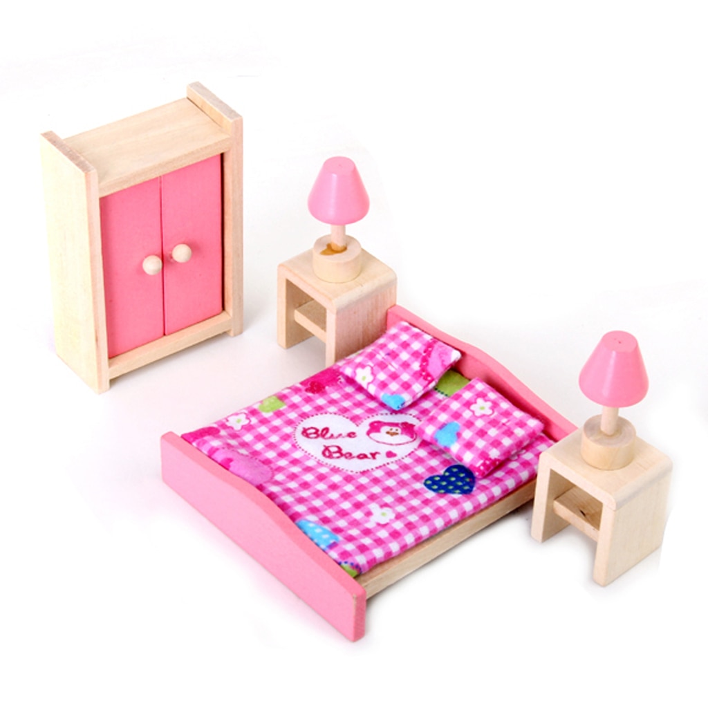 1:12 Scale Wooden Dollhouse Furniture Bedroom Bed Pillow Wardrobe Bedside Set Pink House Dolls Accs Kids Pretend Play Toys