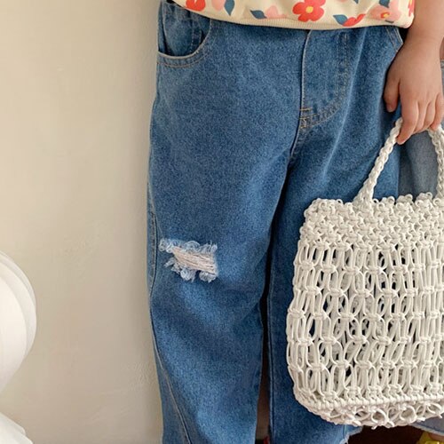 MILANCEL Été Nouveaux Enfants Pantalon Jean Déchiré à glissière Droite Vrac Solide Filles Pantalons Simple Décontracté Enfants Vêtements: deep blue / 7T