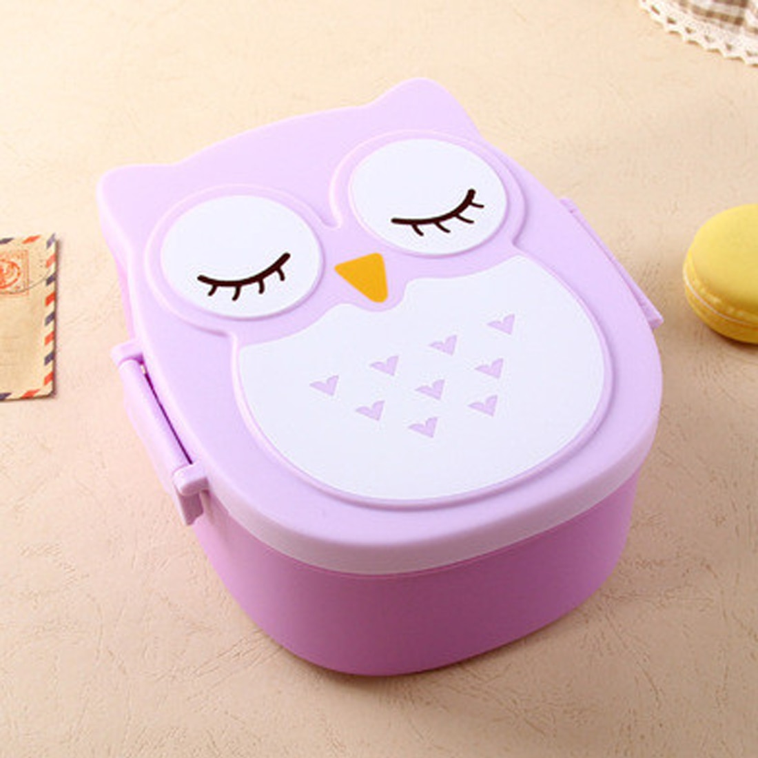 Cute 2 Layer Cartoon Owl Lunchbox Bento storage for rice Fruit Storage Microwave Plastic Storage box Cutlery Set Fiambrera: purple