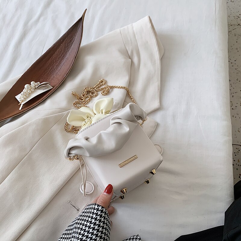 Sac fourre-tout plissé seau été en cuir PU femmes sac à main chaîne épaule sac de messager sacs à main: White