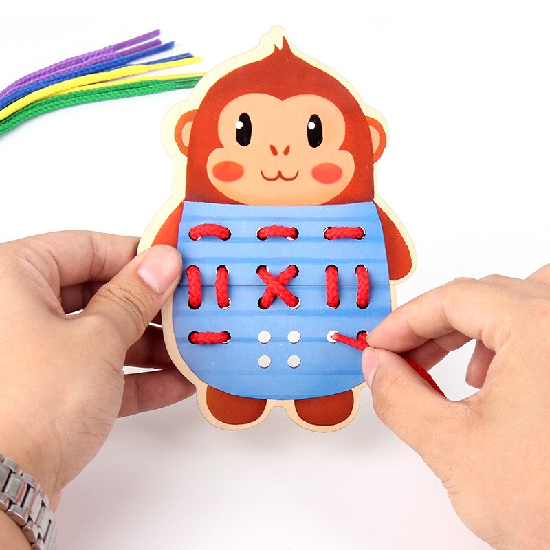 Wooden 3d Puzzles Cartoon Animal Lacing Card Rope 5PCS Exercise Concentration Hand Eye Children Classic Life Skills Toys