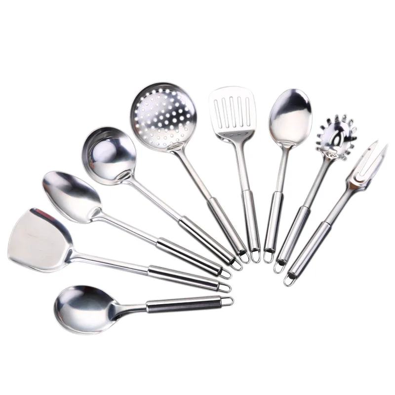 Stainless Steel Kitchen Utensils Set With Magnet 1 Round Handle Cooking Tools Seven Piece Set Includes Spatula And Wok