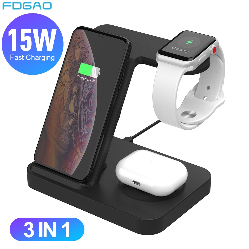 FDGAO 15W Veloce Qi Caricatore Senza Fili per Mela Orologio 5 4 3 2 Airpods pro iPhone 11 XS XR X 8 Supporto Da Tavolo 3 in 1 Stazione di Ricarica