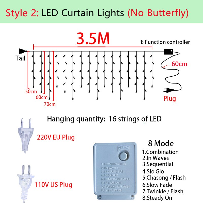 Rideau lumineux papillon à lumière LED, 3.5m, guirlande de noël, féerique, pour , mariage, fête, maison, nouvel an, décoration