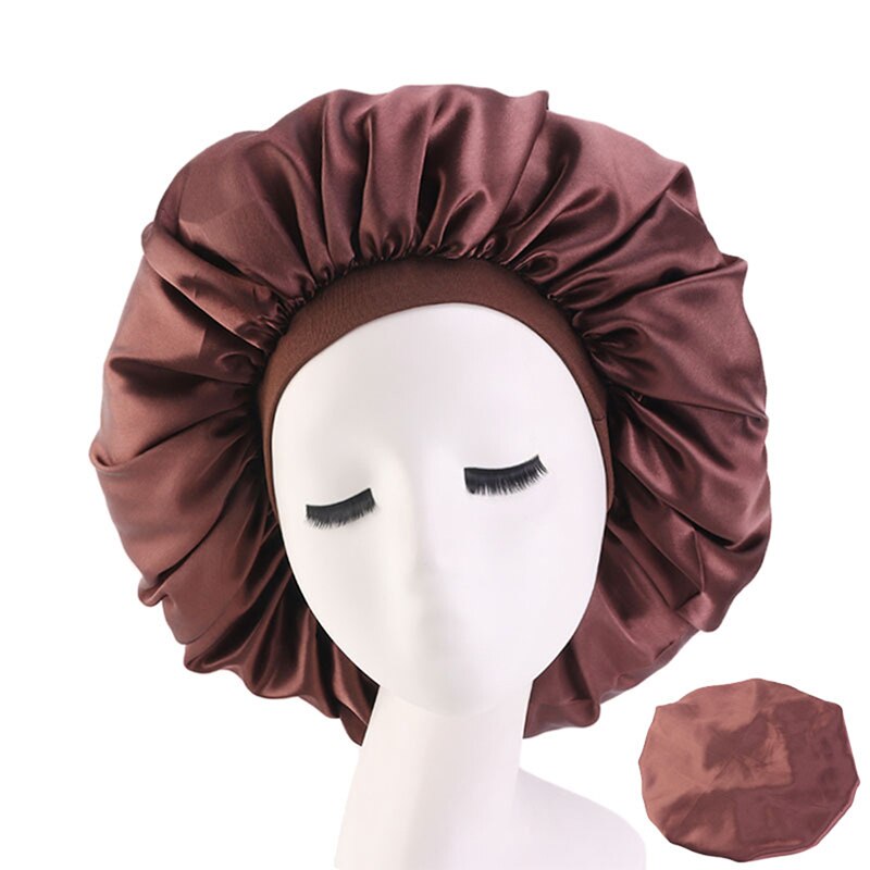 Satin hætte ensfarvet turban kemo hat kvinder bred elastik fast nattesøvn huer skullies kemo hue: Kaffe