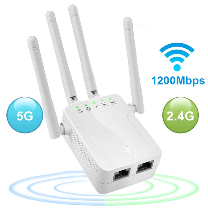 Wifi Repeater 1200Mbps Dual Band Wireless Wifi Signaal Range Extender Booster Met 2 Ethernet Poort 4 Antennes