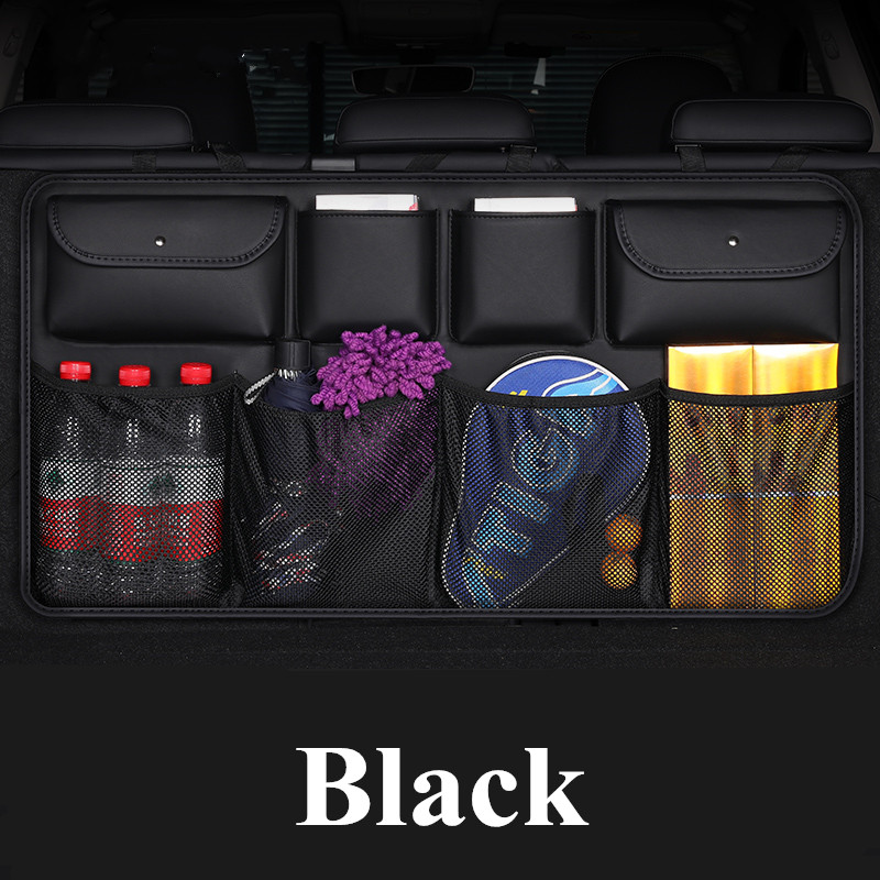 Newest PU Leather Car Rear Seat Back Storage Bag Multi-use Car Trunk Organizer Auto Stowing Tidying Auto Interior Accessories: black with net