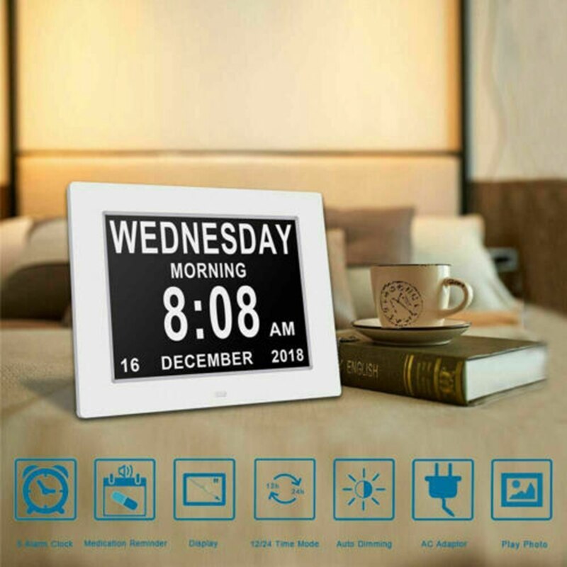 8 Inch LED Time Week Date Calendar Digital Alarm Clock for Elder People with Remote