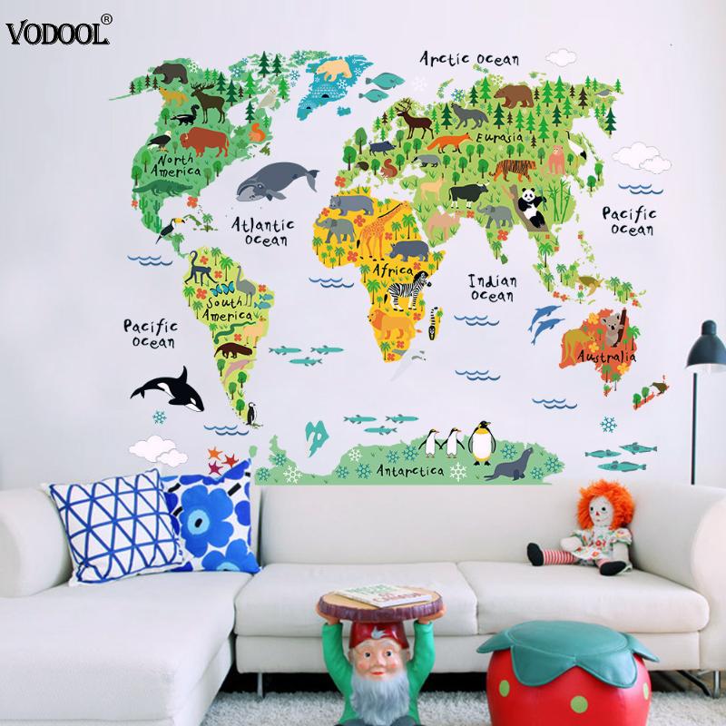 Colorido Animal mundo adhesivo con de mapa para pared Mapa de dibujos animados extraíble PVC papel pintado para habitación de niños calcomanías pósteres para decorar el hogar