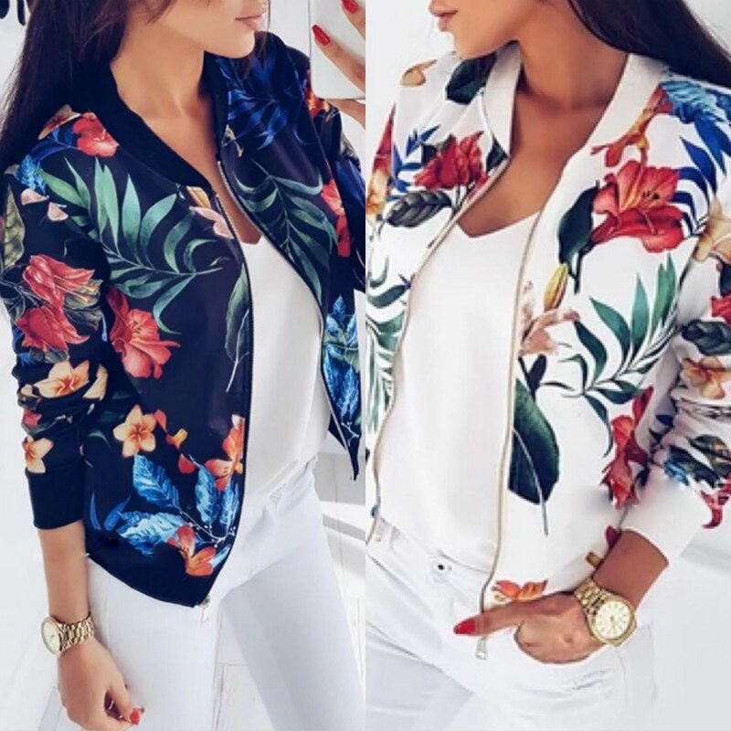 Plus Size Autumn Women'S Jackets Retro Floral Zipper Printed Coat Female Long Sleeve Short Jacket Print Tops S-XXL