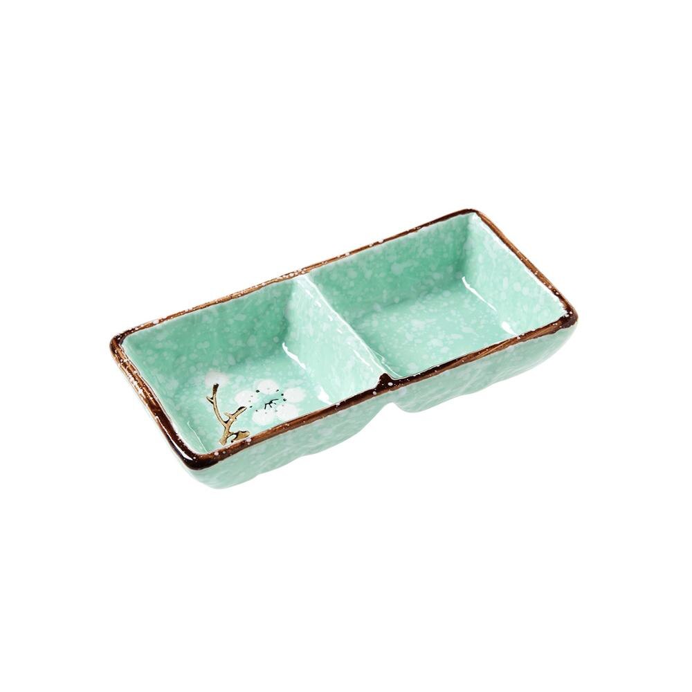 Plato para salsa de soja, plato de cerámica, platos laterales, condimentos, platillo, plato de mantequilla, bandeja, vajilla de cocina, plato de servicio de 2 rejillas: Green