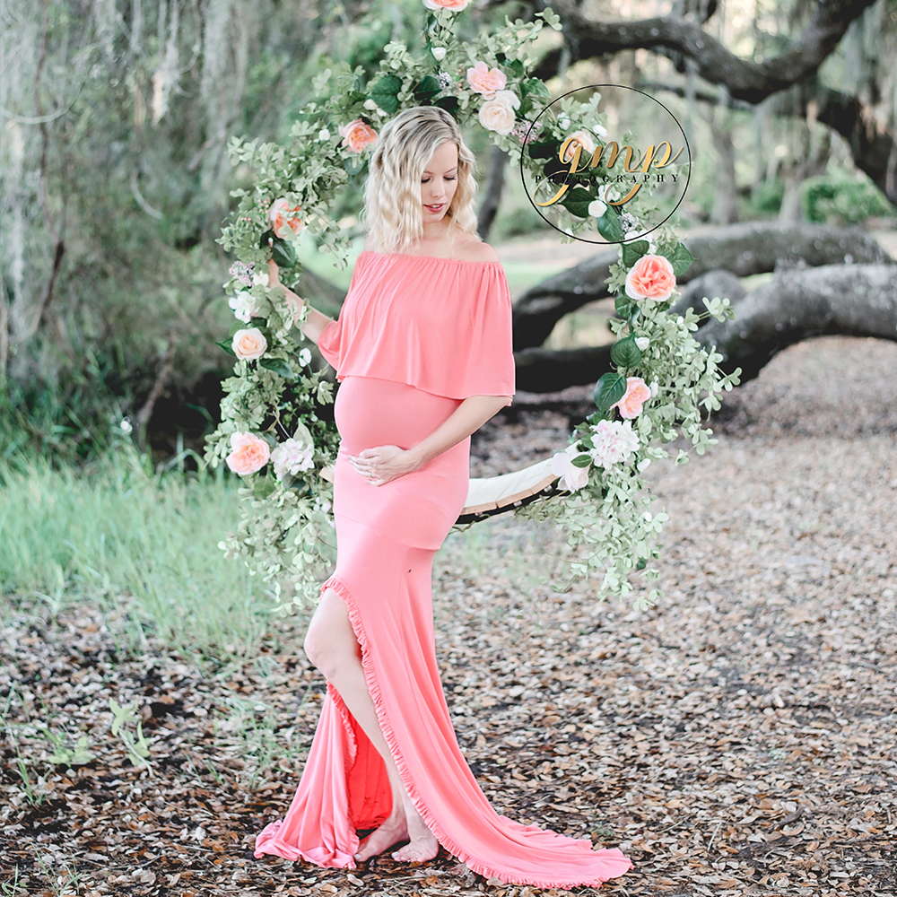 Don&amp;Judy Ruffle off shoulder Maternity Dress Photography Props Pregnancy Dress Photography For Photo Shoot Pregnant Maxi Gown: Coral Pink