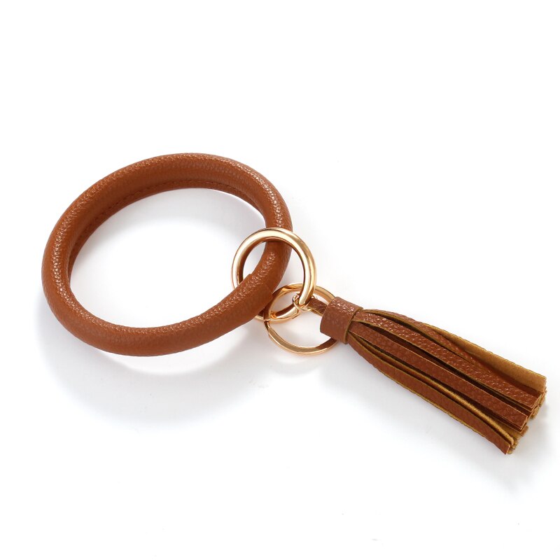 ALLYES Tassel Round Wristlet Keychain for Women Girls Charm Leather Bangles Key Chain Jewelry: Khaki