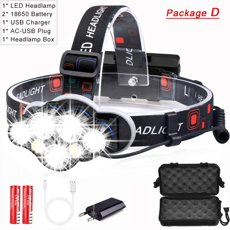 40000LM Krachtige Led Koplamp Usb Oplaadbare Head Lamp 7 Led Koplamp 8 Modes Head Zaklamp Waterdichte Hoofdlamp: Package D