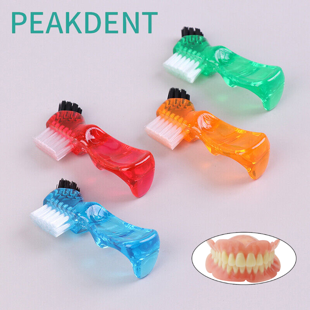 Mini escova de dentes dedicada para dentadura, cabeça dupla, escovas de dentes falsos, escova de limpeza de goma, portátil, escova dupla face