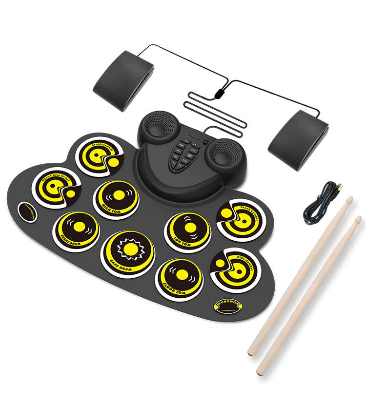 Electronic Drum Set Kids can play games practice drum mat Rechargeable drum set with built-in speaker pedals, drumsticks: WG600S yellow