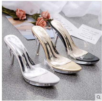 Women Slippers High Heeled 9.5CM Women Mules PVC Transparent Jelly Shoes Clear Open Toe Party Shoes Ladies Pumps