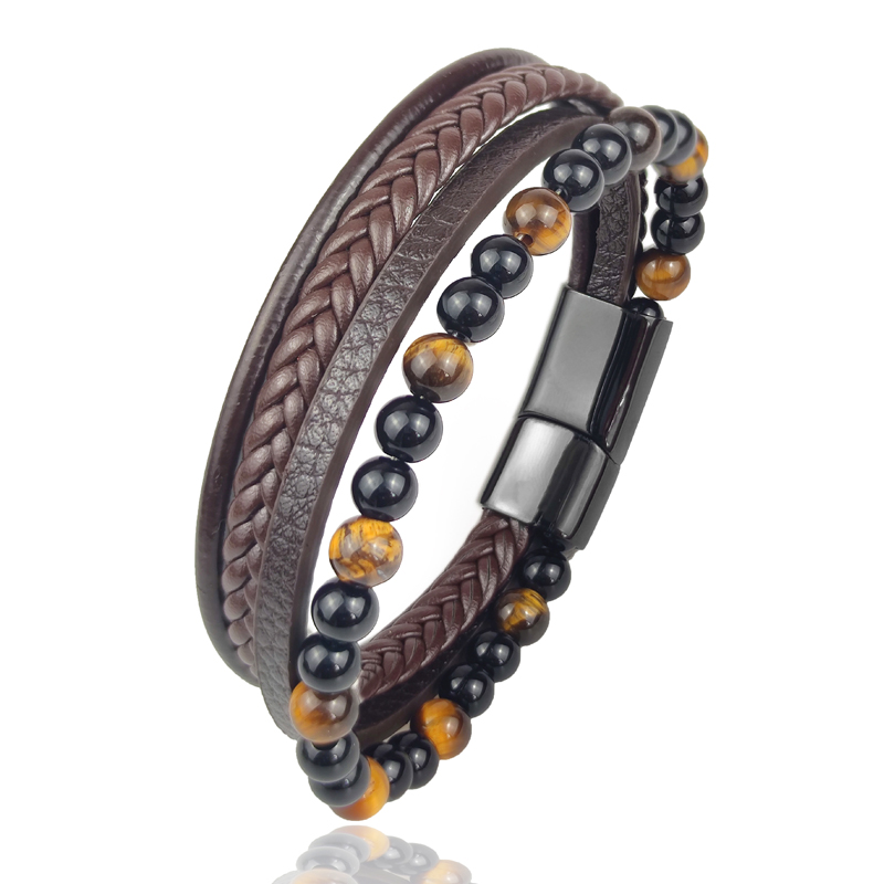 Pulseira de couro trançado para homens vintage, 4 tamanhos de tigre, pedra de amuleto, pulseira étnica rústica de aço inoxidável com contas: B brown-yel stone / 18.5 centímetros