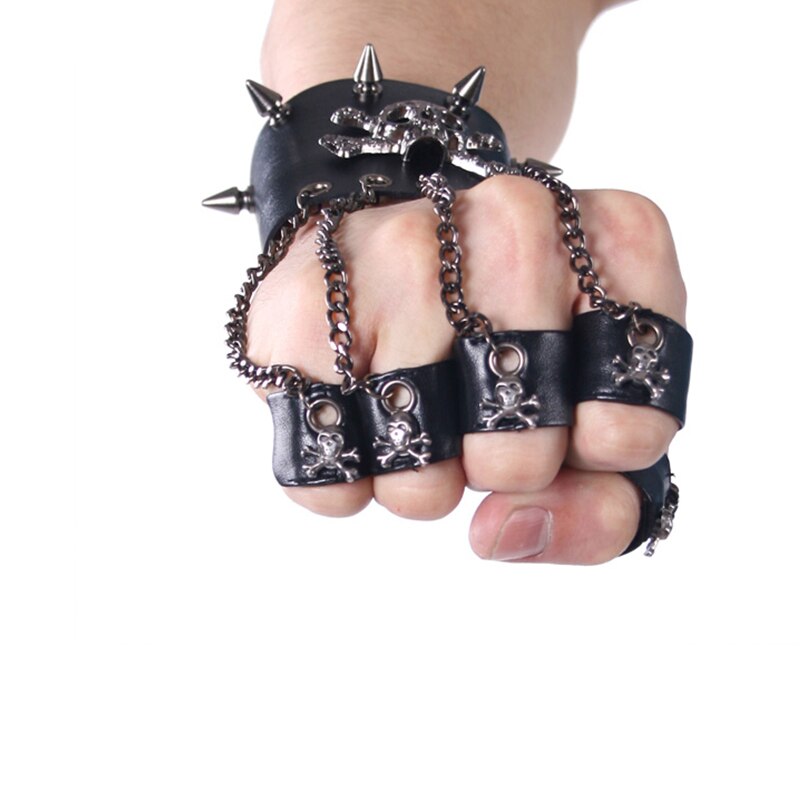 Punk rave rock stil mand kranium spike handske gotiske mænd armbånd handske steampunk pu læder kranium manchet-en handske