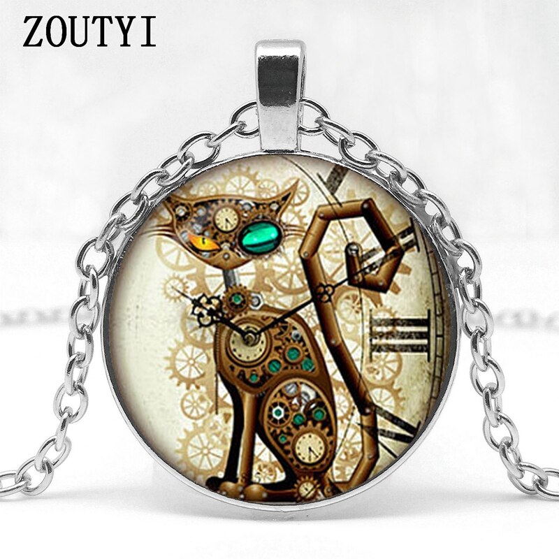 hotSteampunk kat hanger steampunk horloge ketting verzilverd hanger steampunk ketting