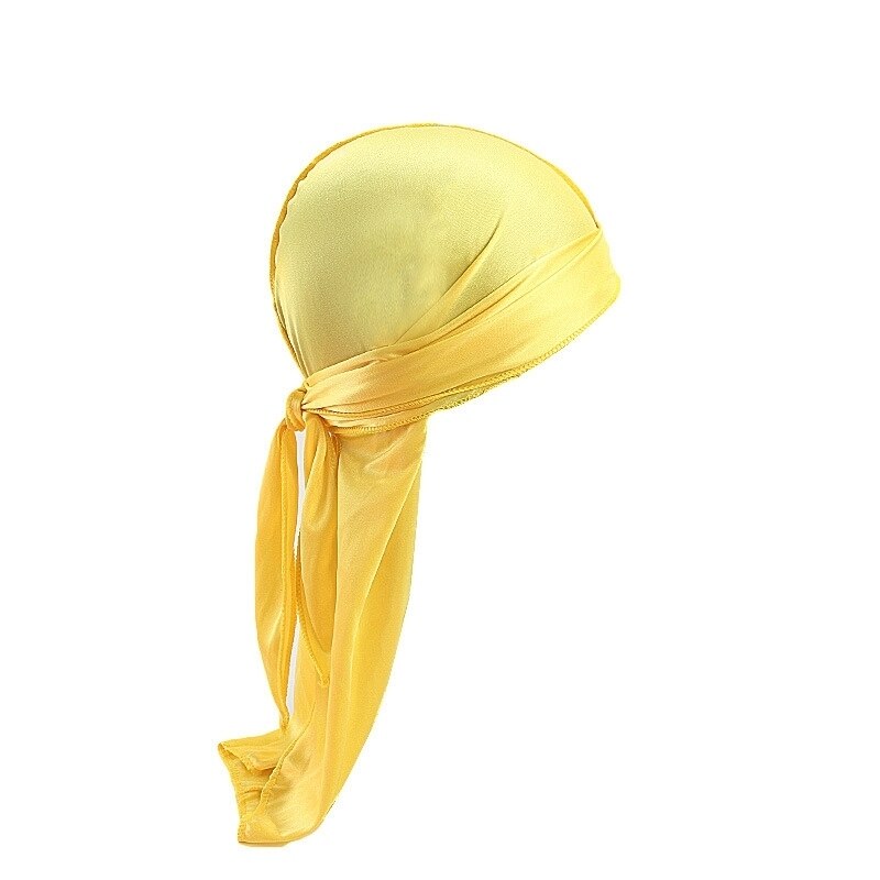 Satijnen zijdeachtige durags haarmutsen vrouwen pruiken tulband mannen effen kleur hiphop pet lange staart hoofddoek haarstylingtool wrap: Geel