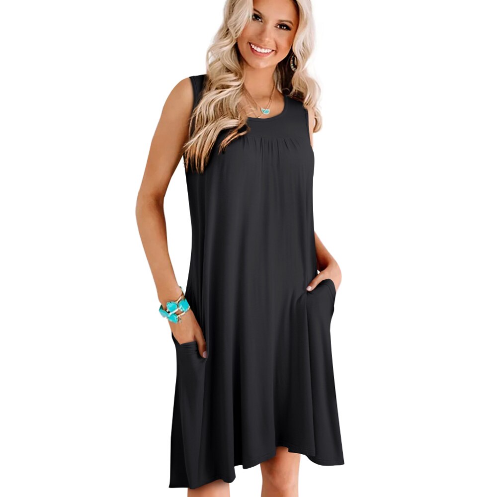 Nice-forever Summer Basic Pure Color Sleeveless Dresses Straight Shift Loose Women Casual Dress A219