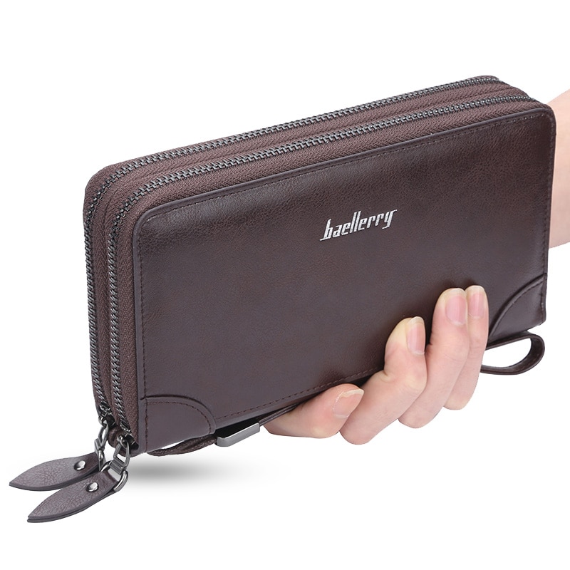 Baellery Long Wallet Men Double Zipper Coin Pocket Purse Men Wallets Casual Business Card Holder Vintage Large Wallet