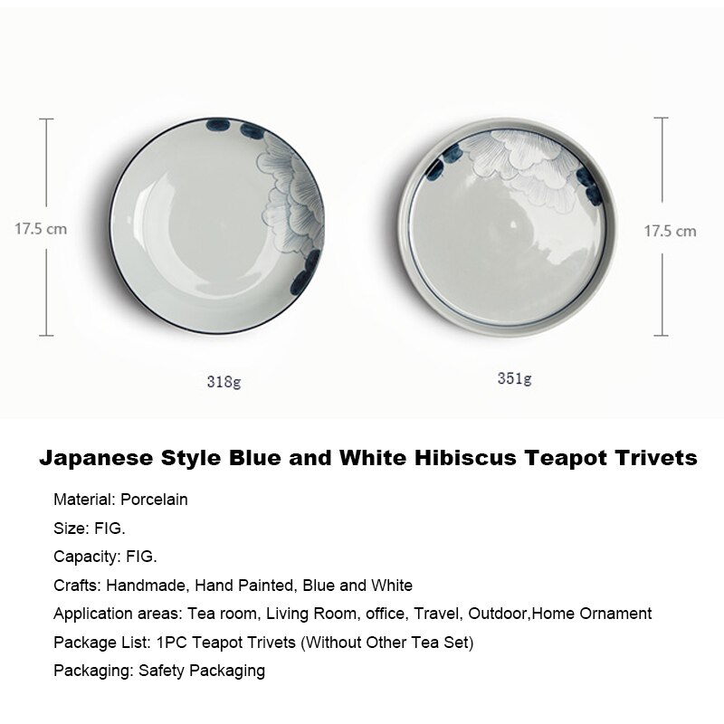 Jingdezhen blått och vitt porslin hibiskus tekanna underlägg grytlapp fat vintage keramik frukt nötter maträtt mat tallrik