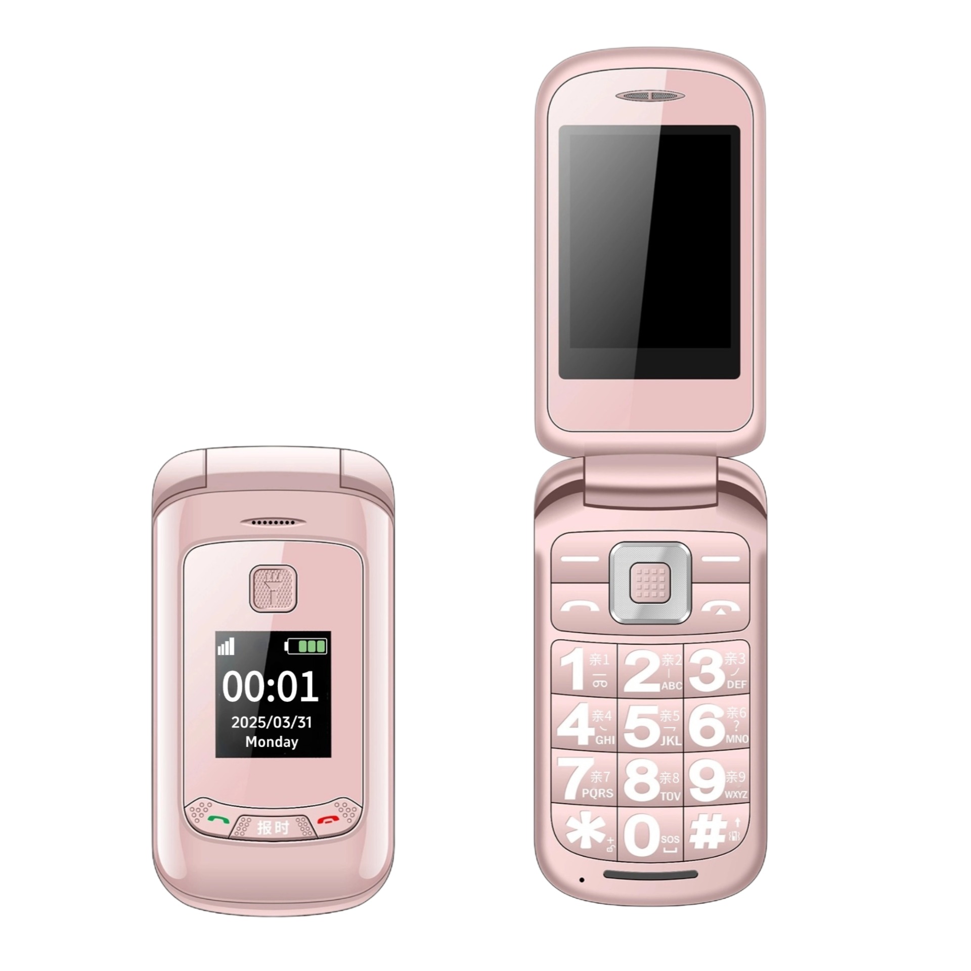 Rosa Mini-Flip-Telefon für Frauen, Dual-Screen, große Taste, SOS-Zifferblatt, Taschenlampe, Licht, Budget, Clamshell, mobiler Retro-Stil, langer Standby-Zeit: Rosa / Bündel 4